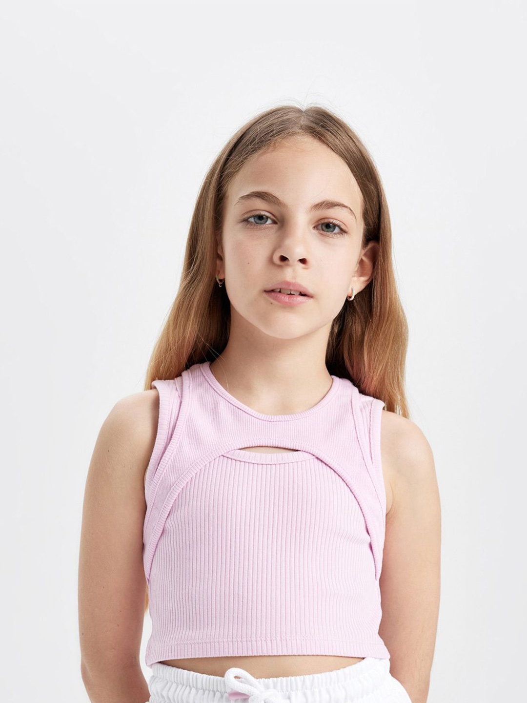

DeFacto Girls Self Design Round Neck Cotton Top, Pink