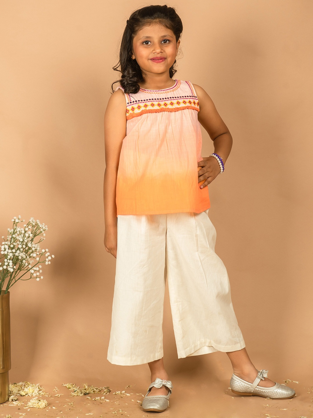 

KASYA Girls Ethnic Motifs Embroidered Round Neck Cotton Top, Beige