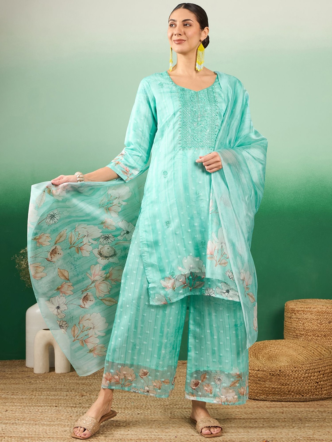 

Maroosh Women Floral Printed Embroidered Kurta & Trouser with Dupatta, Sea green