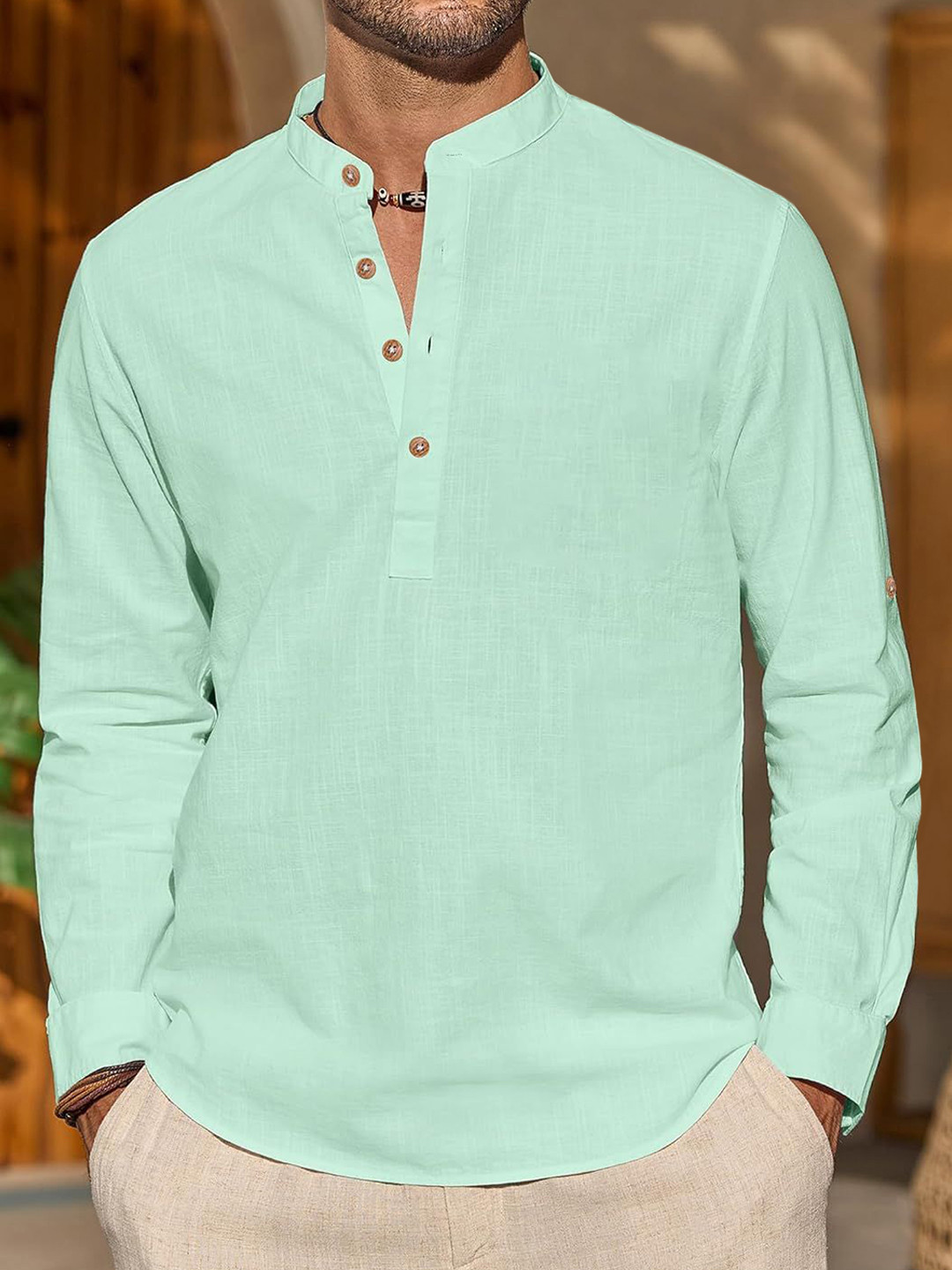 

Vida Loca Band Collar Slim Fit Cotton Straight Kurta, Silver