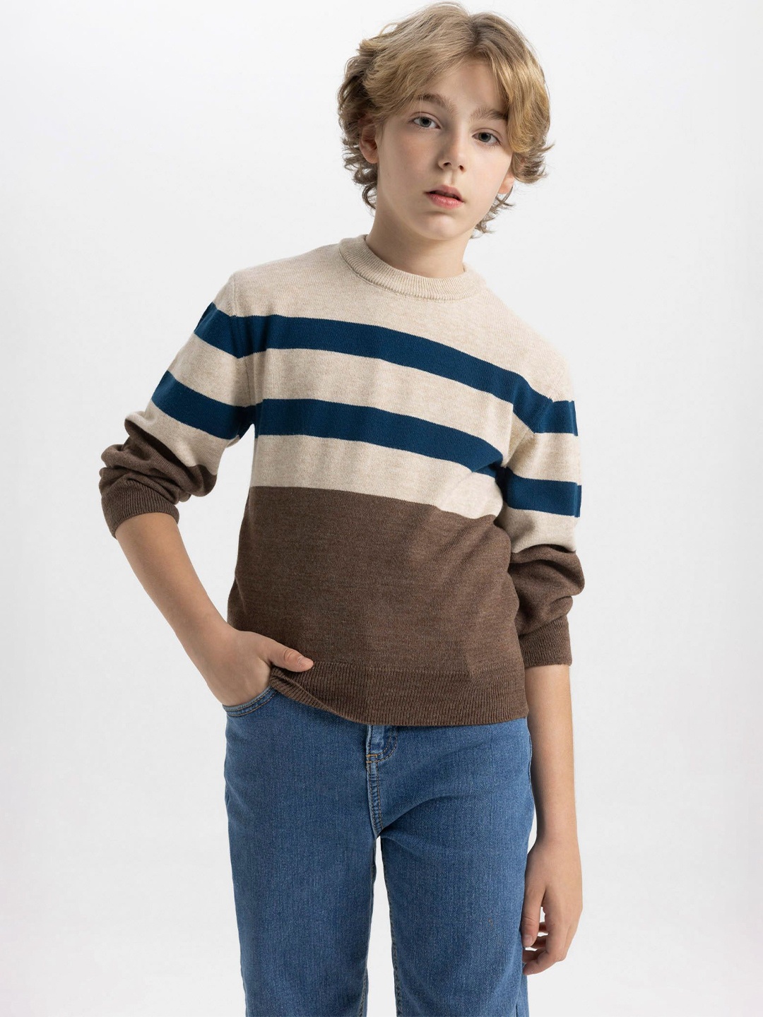 

DeFacto Boys Striped Pullover, Beige