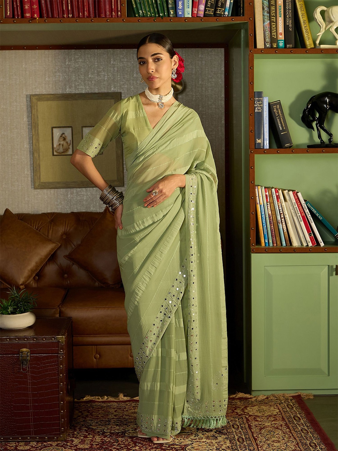 

Dori Striped Mirror Work Pure Chiffon Saree, Green