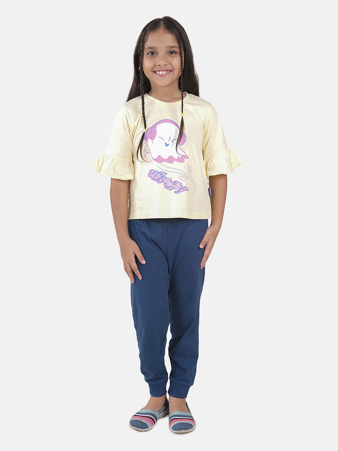 

KiddoPanti Girls Printed Pure Cotton Top With Jogger, Cream