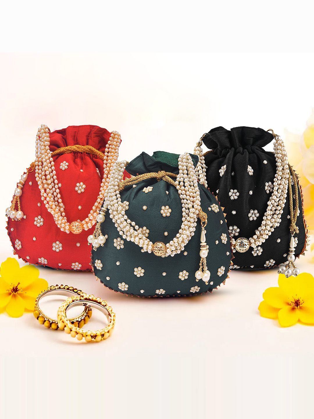 

Kuber Industries Set of 3 Moti Embroidered Potli Bags, Red