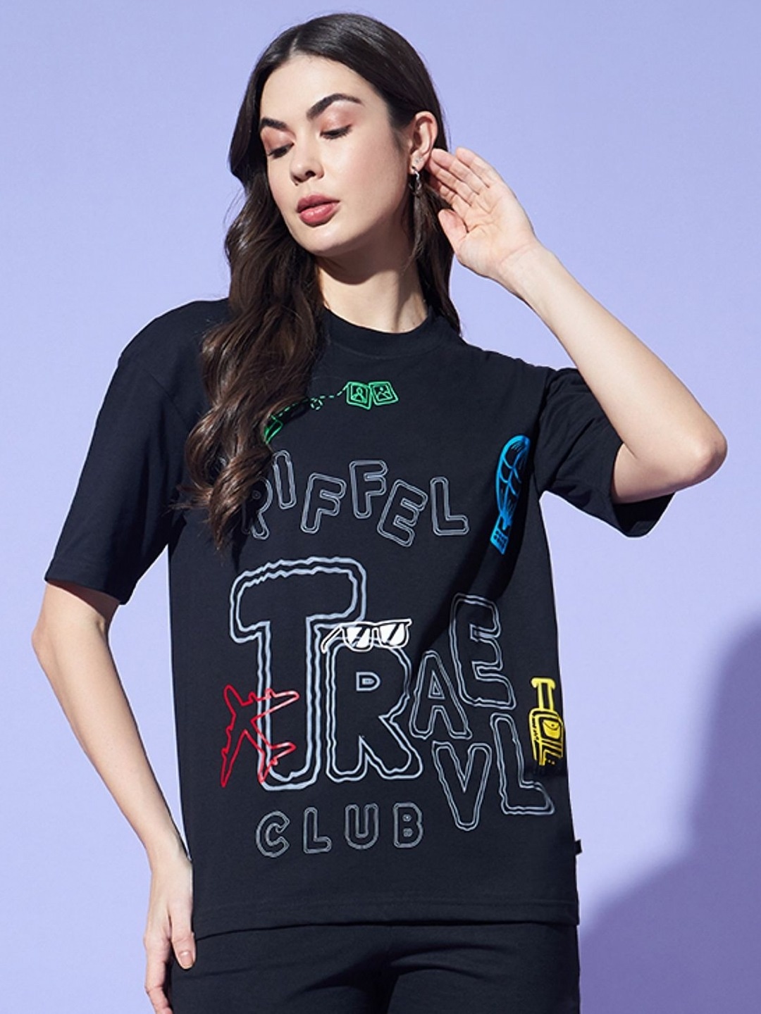

GRIFFEL Women Typography Printed Round Neck Cotton Oversized T-shirt, Black