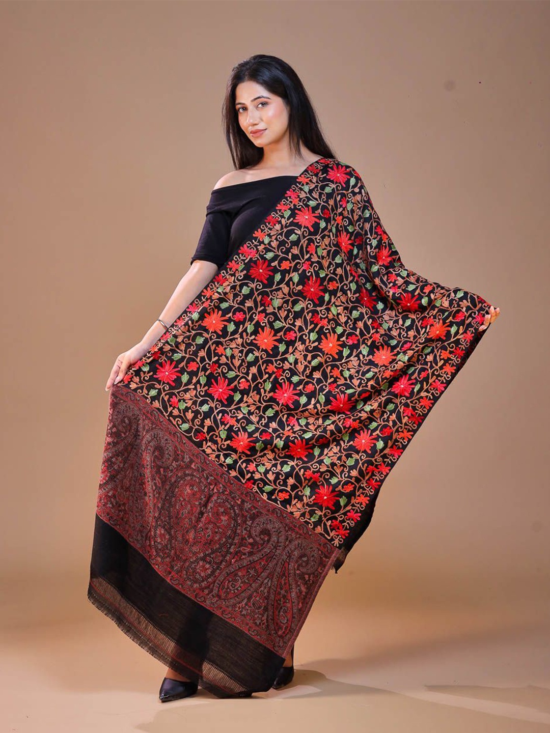 

SWI Stylish Women Embroidered Wool Stole, Black