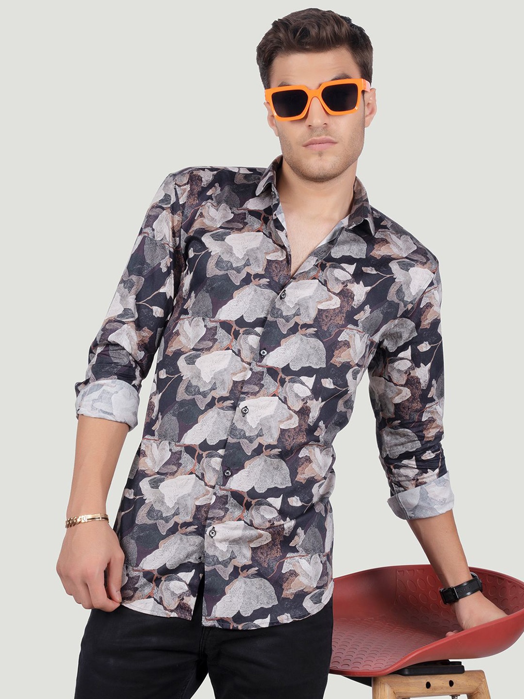 

ALMATY Men Comfort Spread Collar Floral Printed Cotton Slim Fit Party Shirt, Black