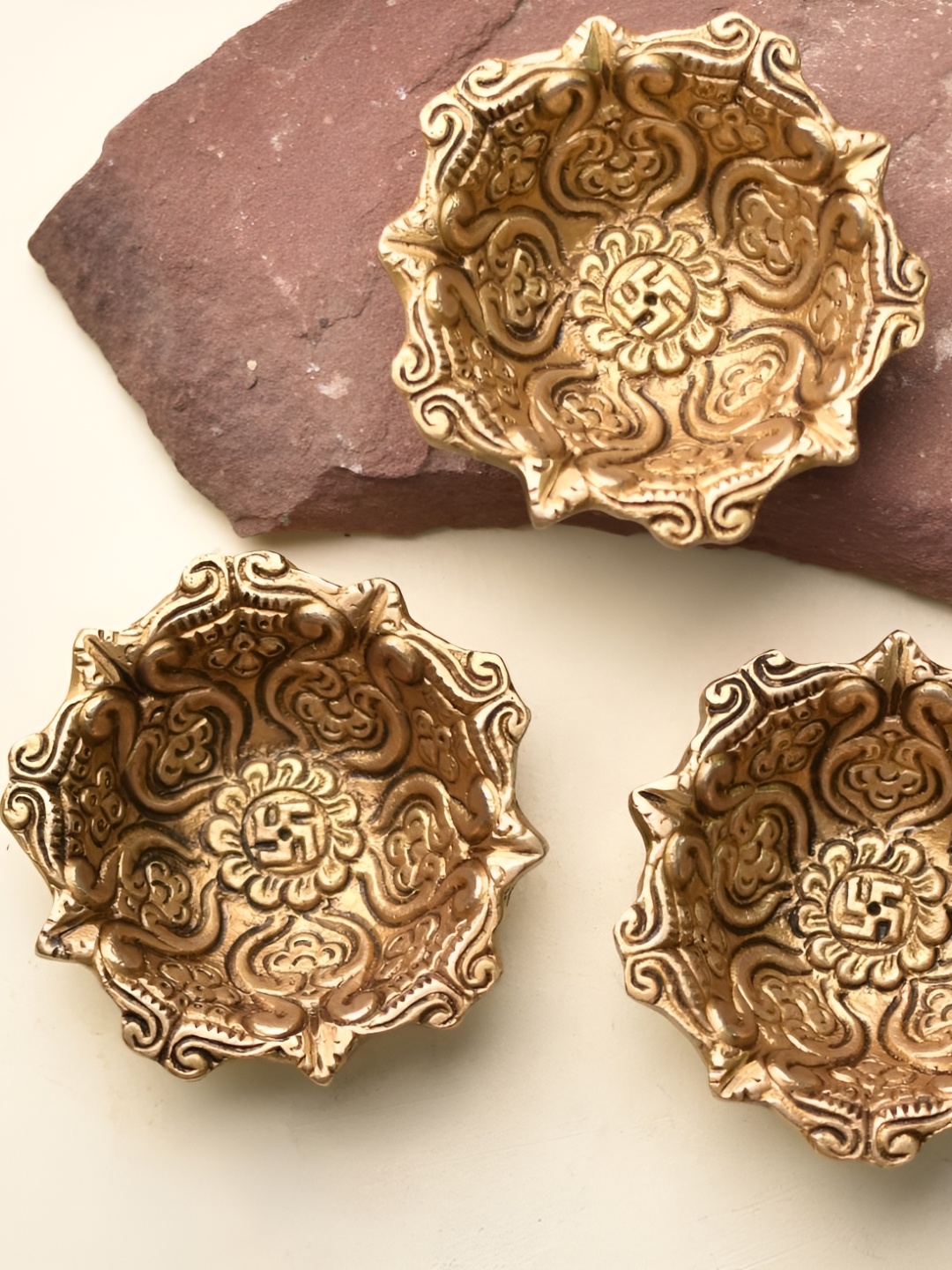 

Indianshelf GoldToned 3 Pcs Textured Brass Pooja Diya, Gold