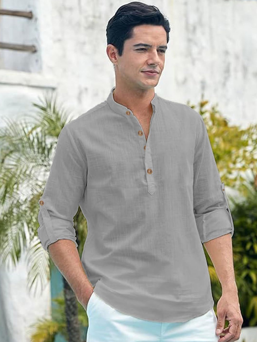 

Vida Loca Band Collar Roll-Up Sleeves Pure Cotton Short Kurta, Grey