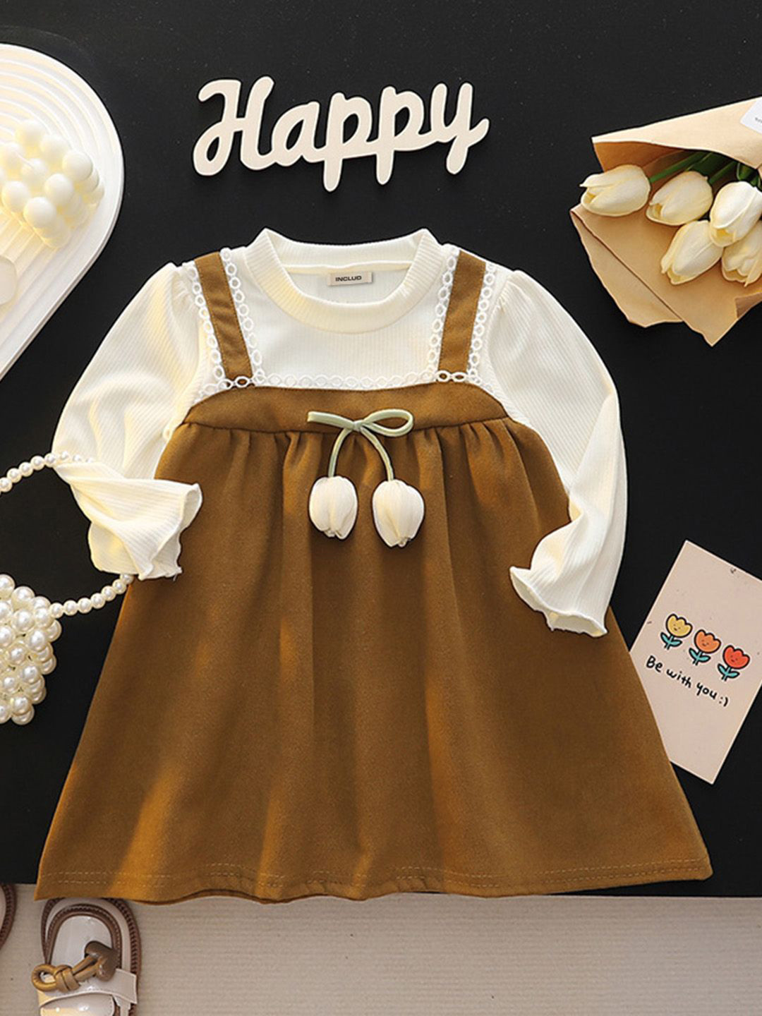 

INCLUD Girls Full Sleeves Empire Dress, Brown