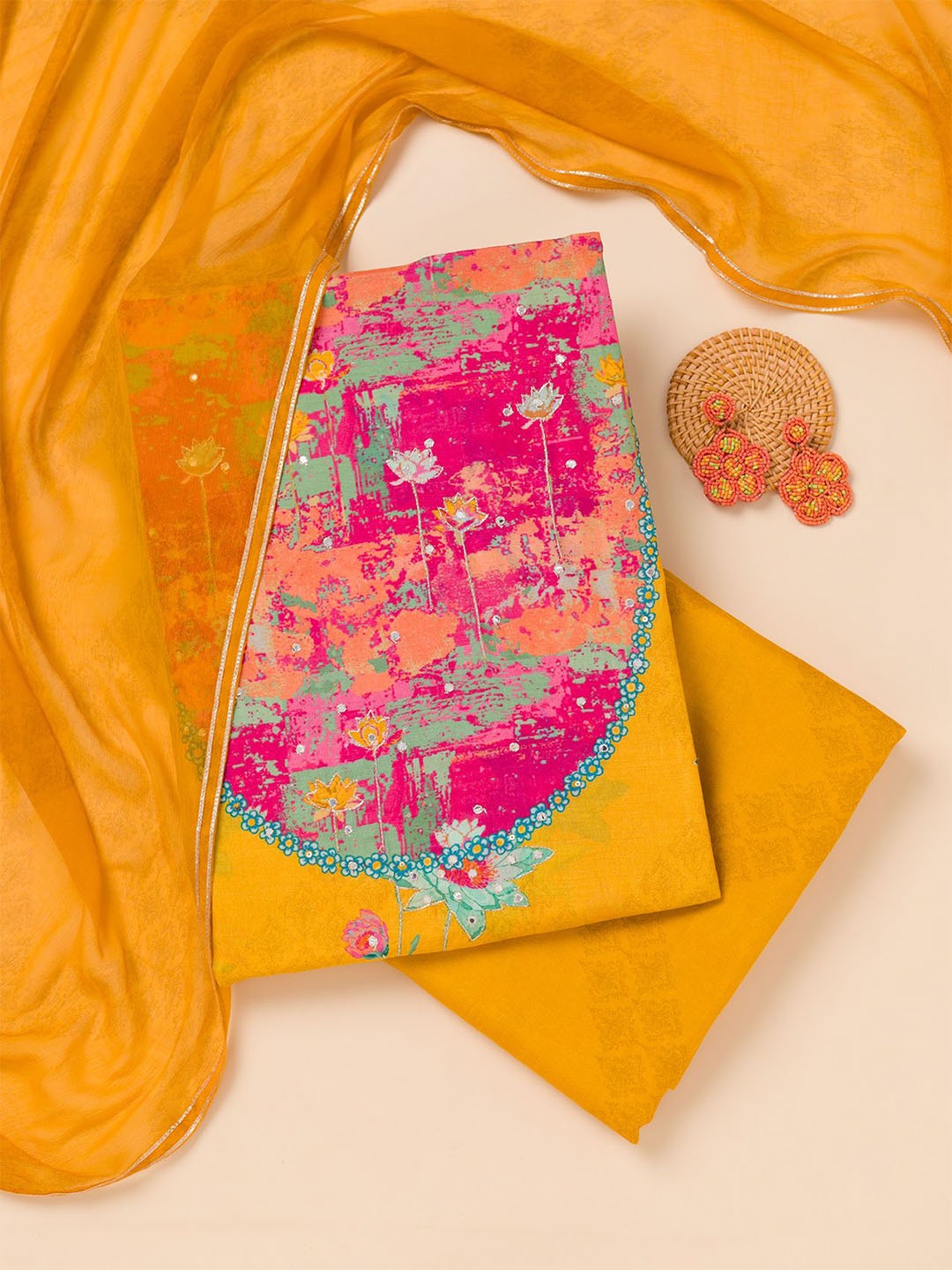 

Koskii Floral Printed Sequinned Unstitched Dress Material, Yellow