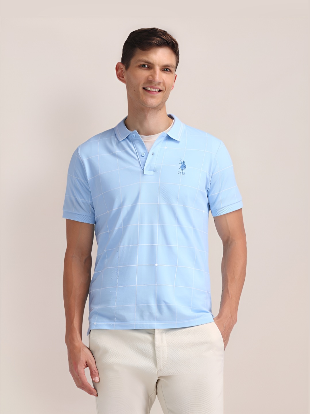 

U.S. Polo Assn. Men Checked Checked Cotton Slim Fit T-shirt, Blue