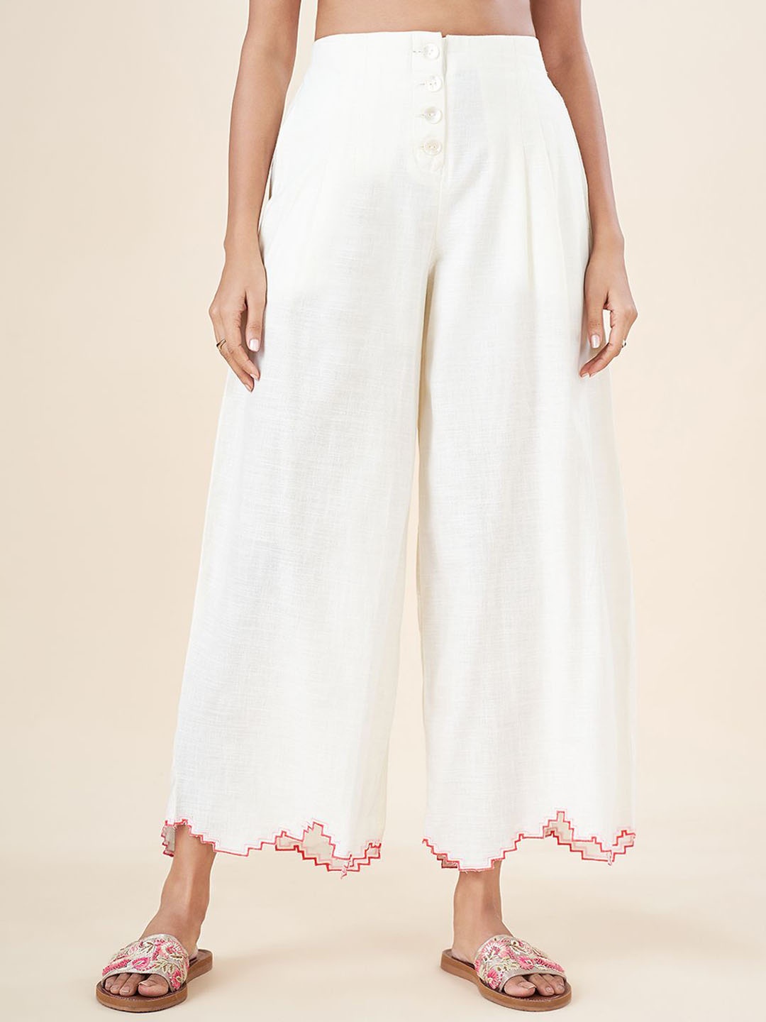 

AKKRITI BY PANTALOONS Women Embroidered Pleated Culottes Trouser, Off white