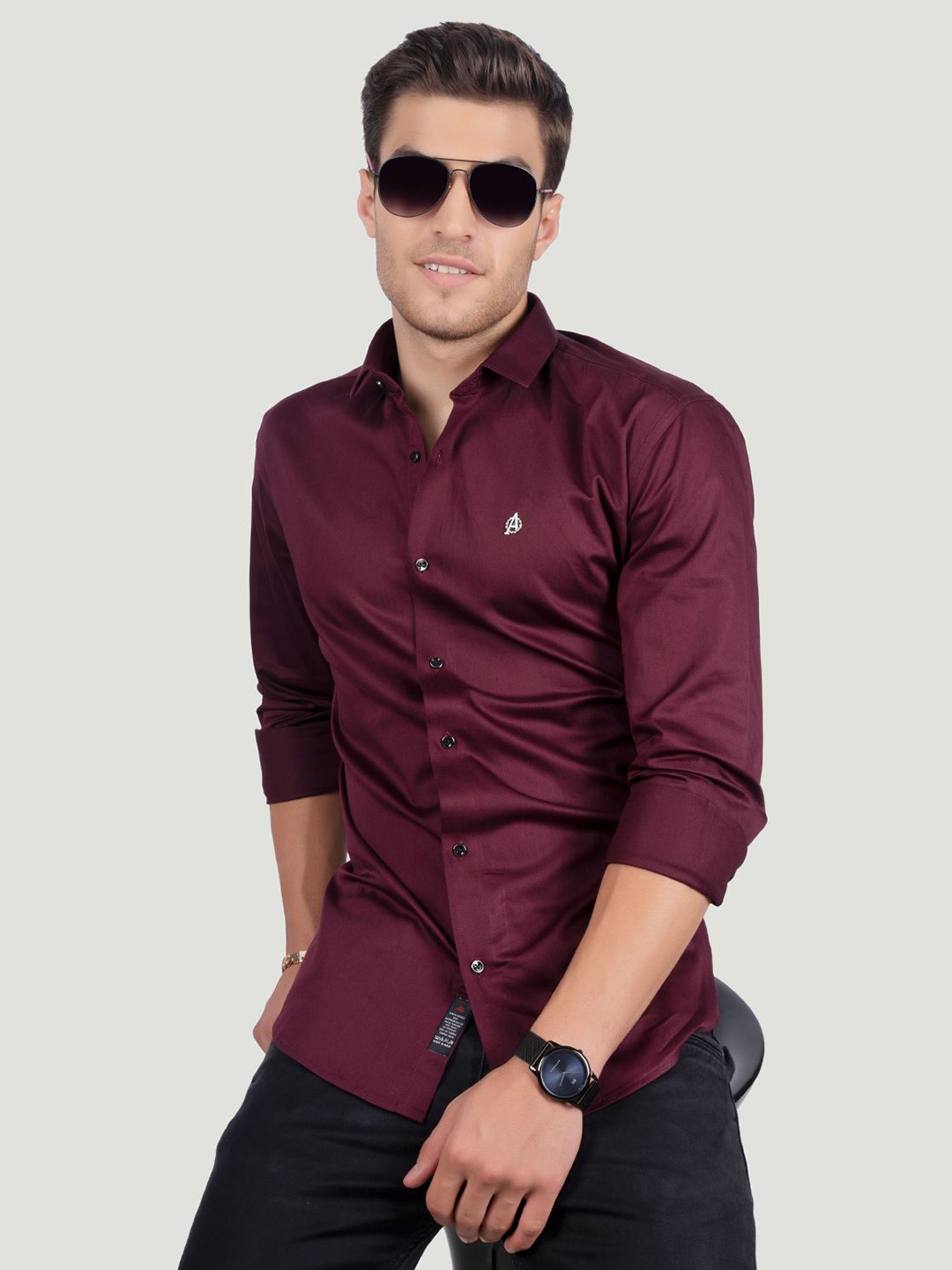 

ALMATY Men Comfort Spread Collar Solid Cotton Slim Fit Party Shirt, Maroon