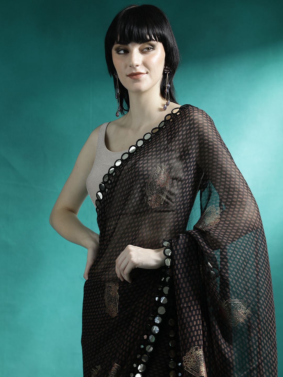 

Sangria Mirror Work Ethnic Motifs Printed Designer Saree With Blouse Piece, Brown