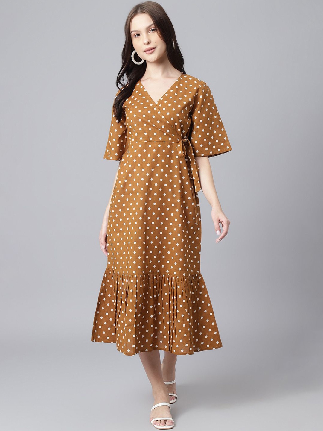 

KALINI Polka Dot Print Bell Sleeve Wrap Midi Dress, Mustard