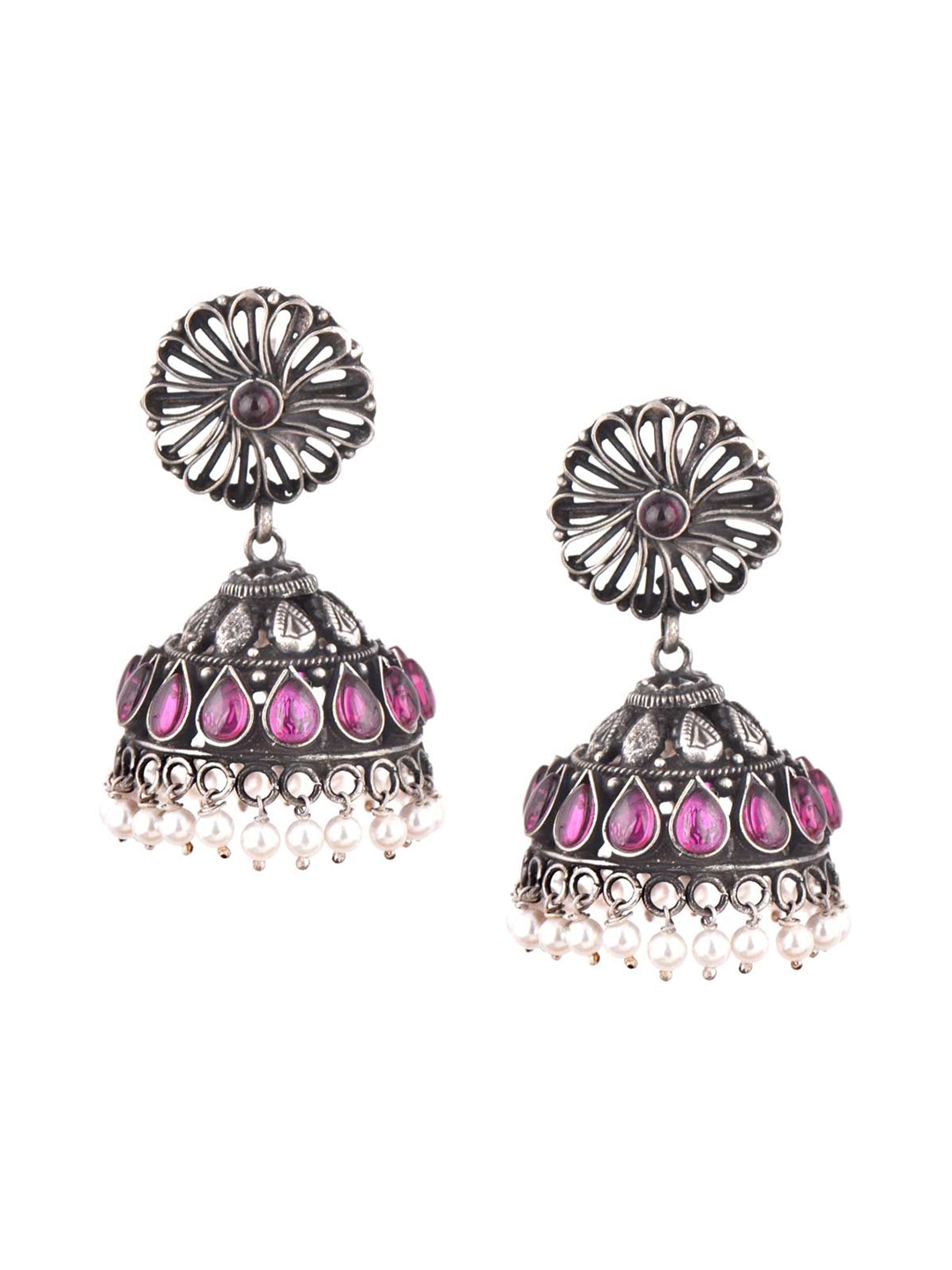 

Indianshelf 92.5 Sterling Silver Contemporary Stone Studded & Beaded Jhumkas