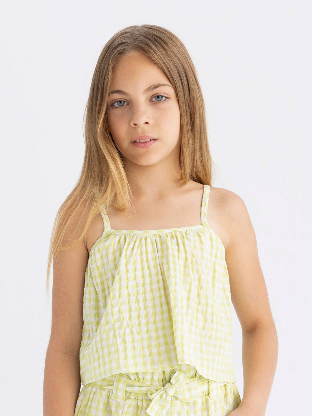 

DeFacto Girls Checked Shoulder Straps Cotton Top, Yellow