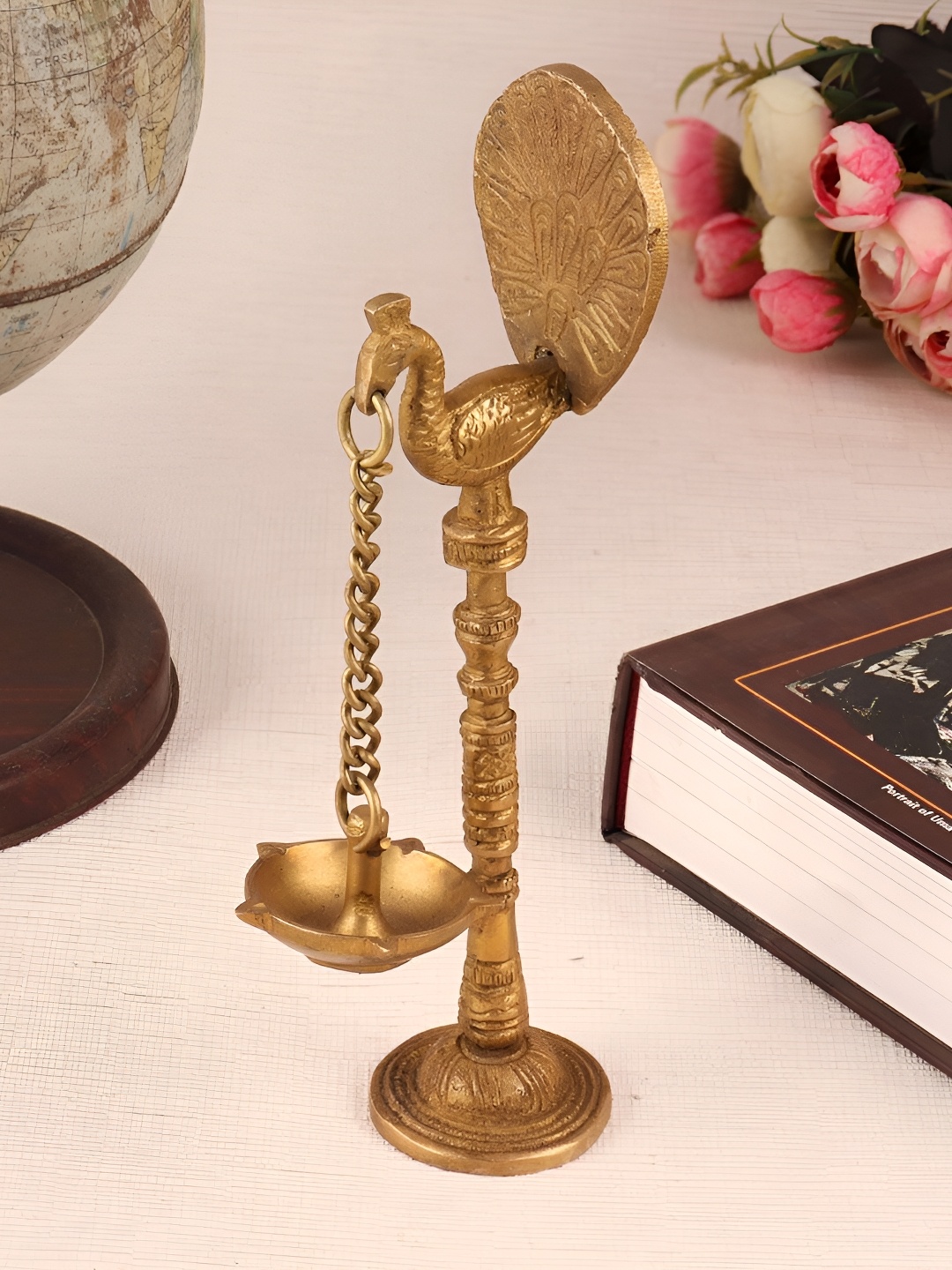 

Indianshelf Gold-Toned Textured Brass Peacock Hanging Deepak Diya