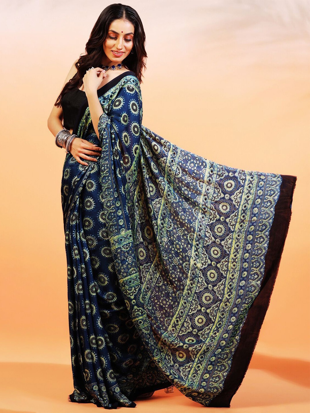 

ADITRI Handloom Handblock Printed Ajrakh Modal Silk Saree, Blue