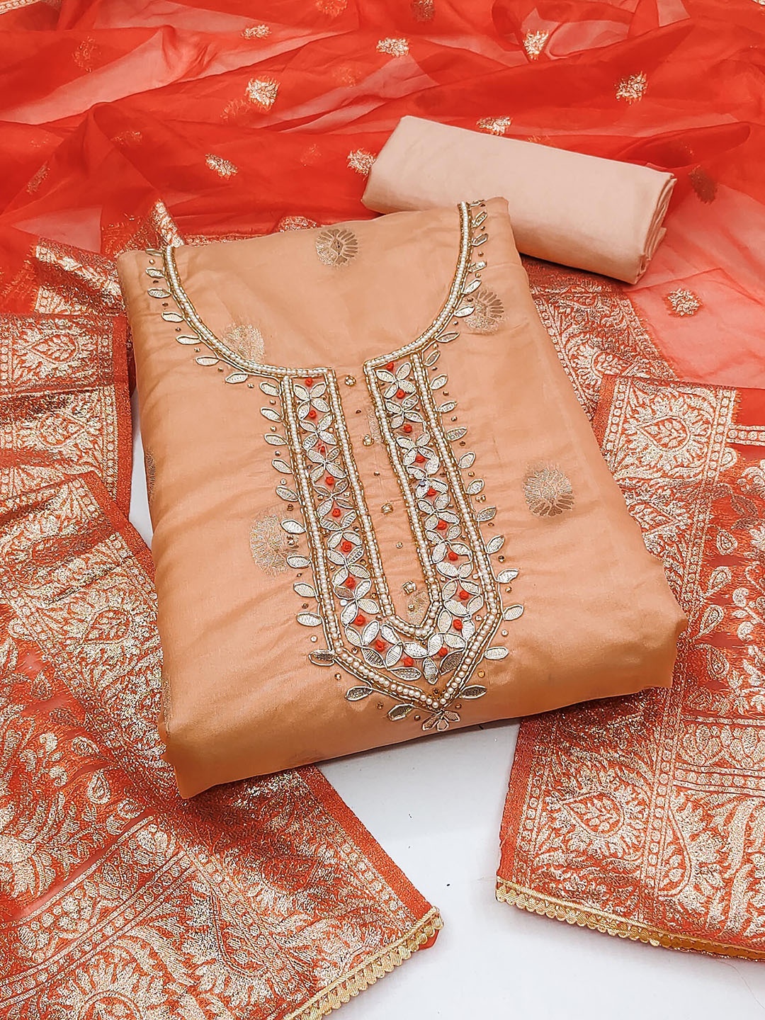 

Ishin Ethnic Motifs Woven Design Zari Organza Unstitched Dress Material, Peach