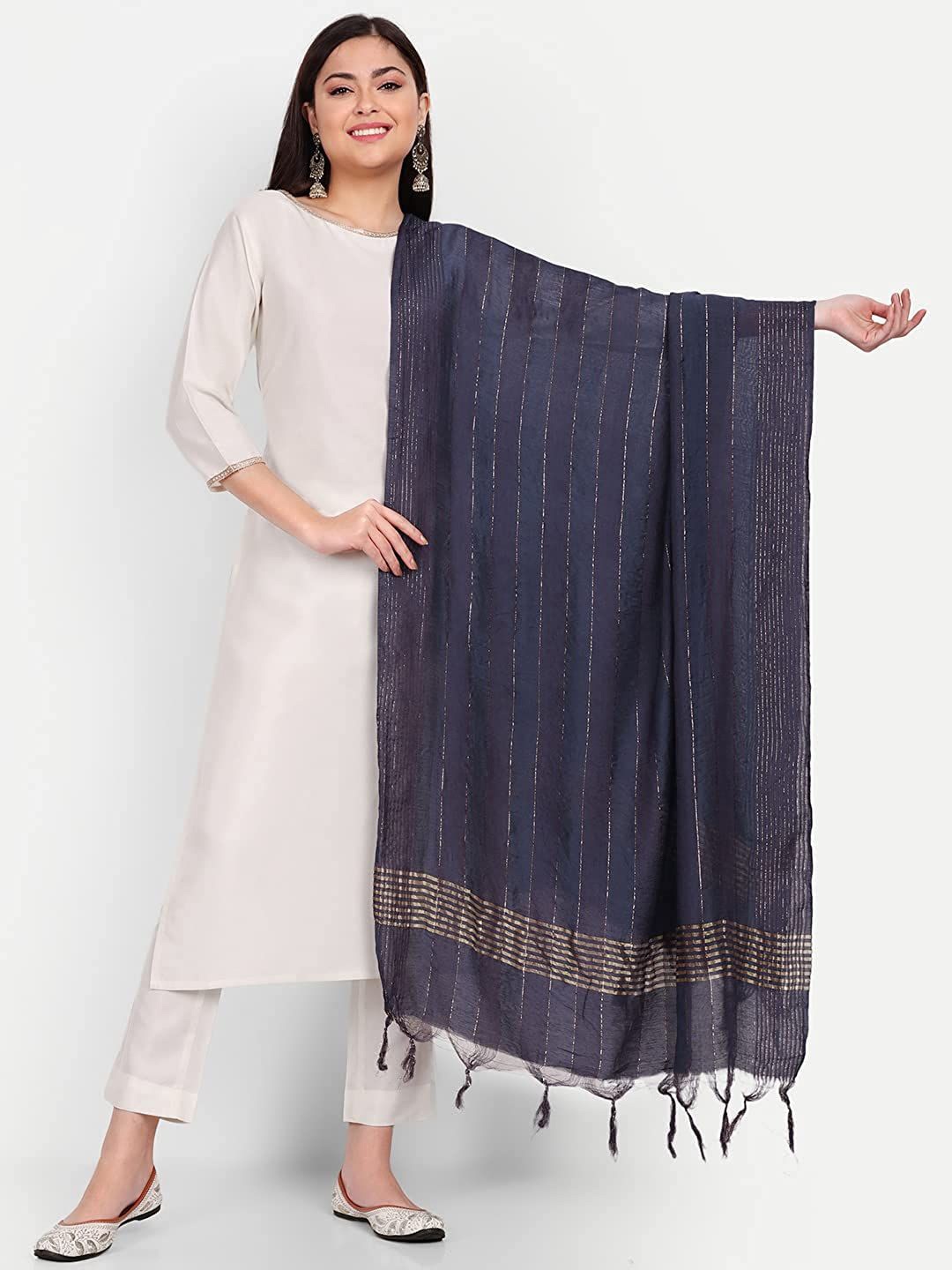

Suha Striped Tasselled Dupatta, Navy blue