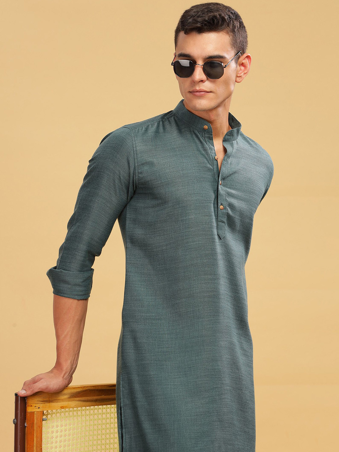 

Anouk Green Band Collar Linen Cotton Straight Kurta