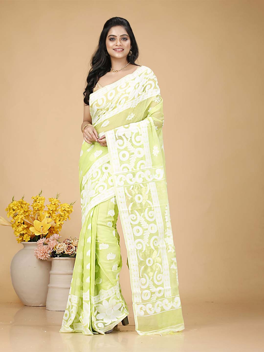 

SLAGHA Woven Design Zari Jamdani Saree, Fluorescent green