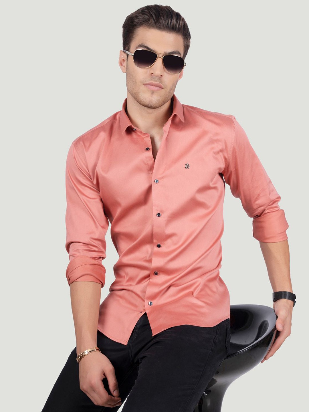 

ALMATY Men Comfort Spread Collar Solid Cotton Slim Fit Party Shirt, Peach