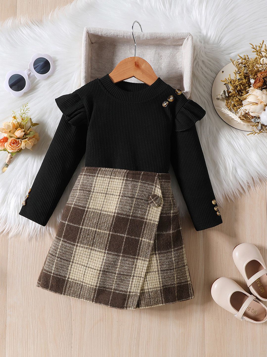 

INCLUD Girls Knitted Top with Checked Skirt, Black