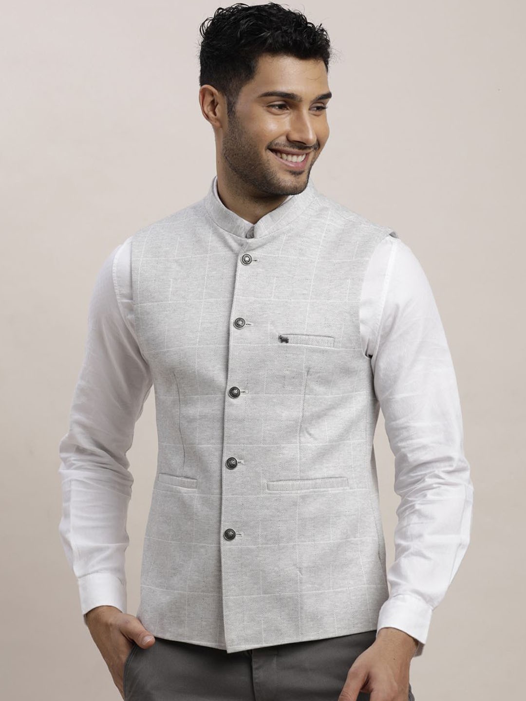 

Turtle Men Checkered Button Clouser Nehru Jacket, Grey melange