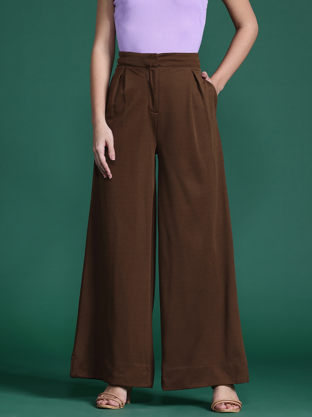 

DressBerry Bizwear Women Wide Leg Pleated Trousers, Coffee brown