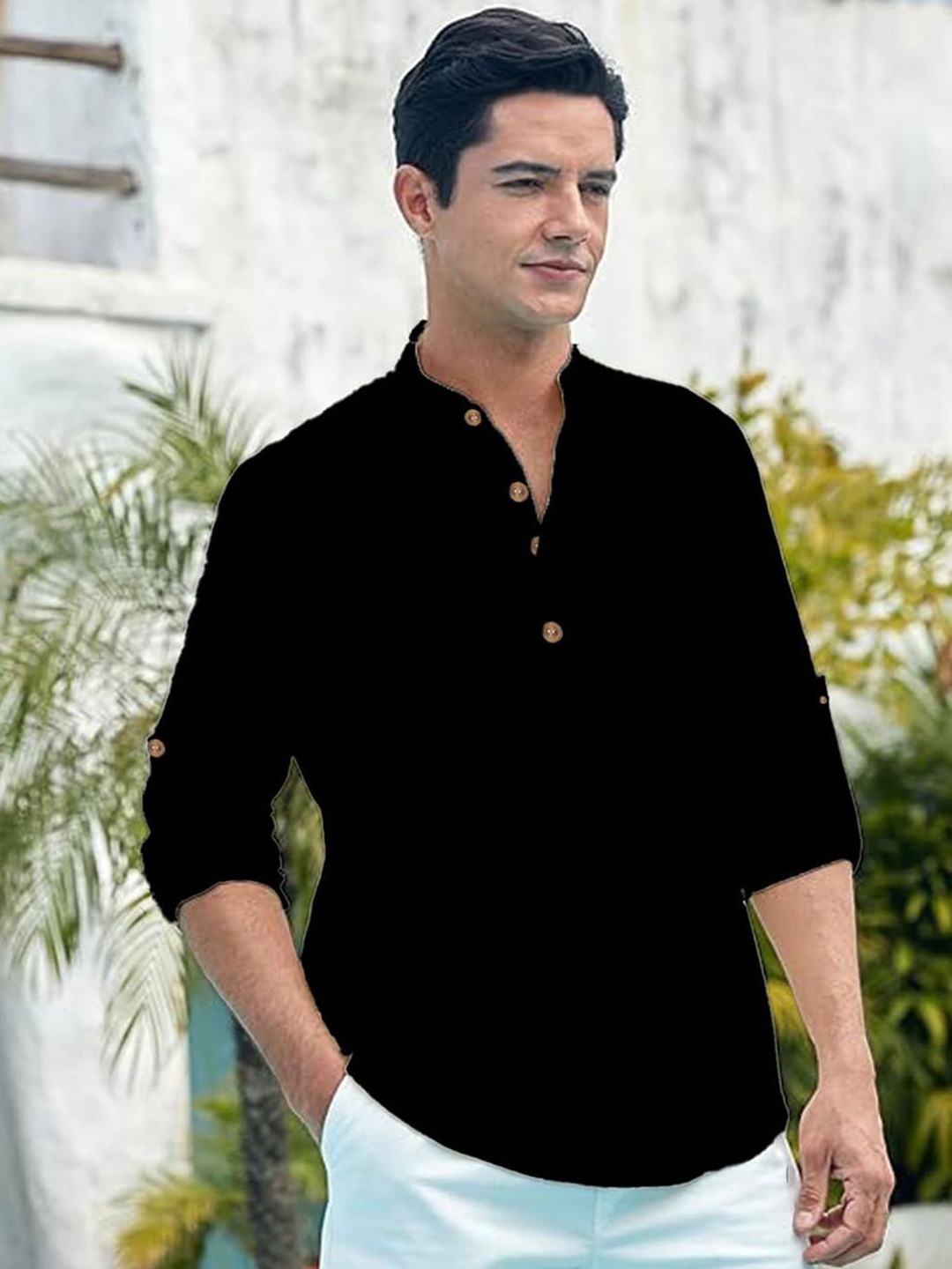 

Vida Loca Band Collar Slim Fit Cotton Straight Kurta, Black