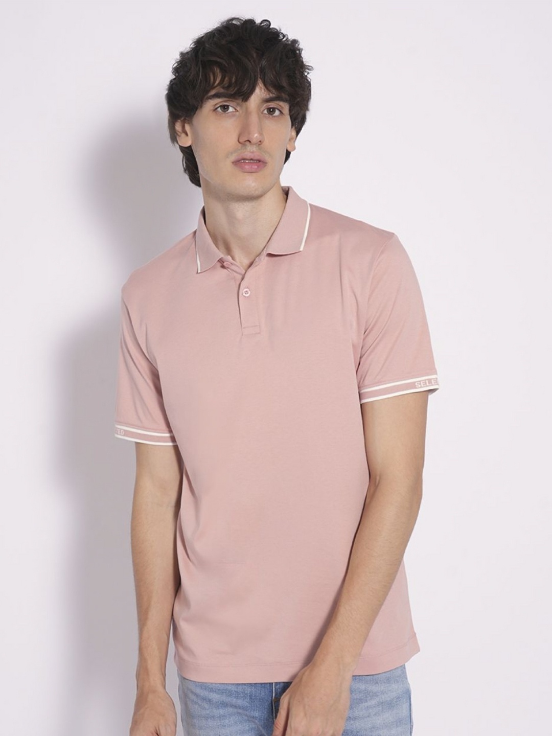 

SELECTED Men Solid Polo Collar Cotton Slim Fit T-shirt, Pink