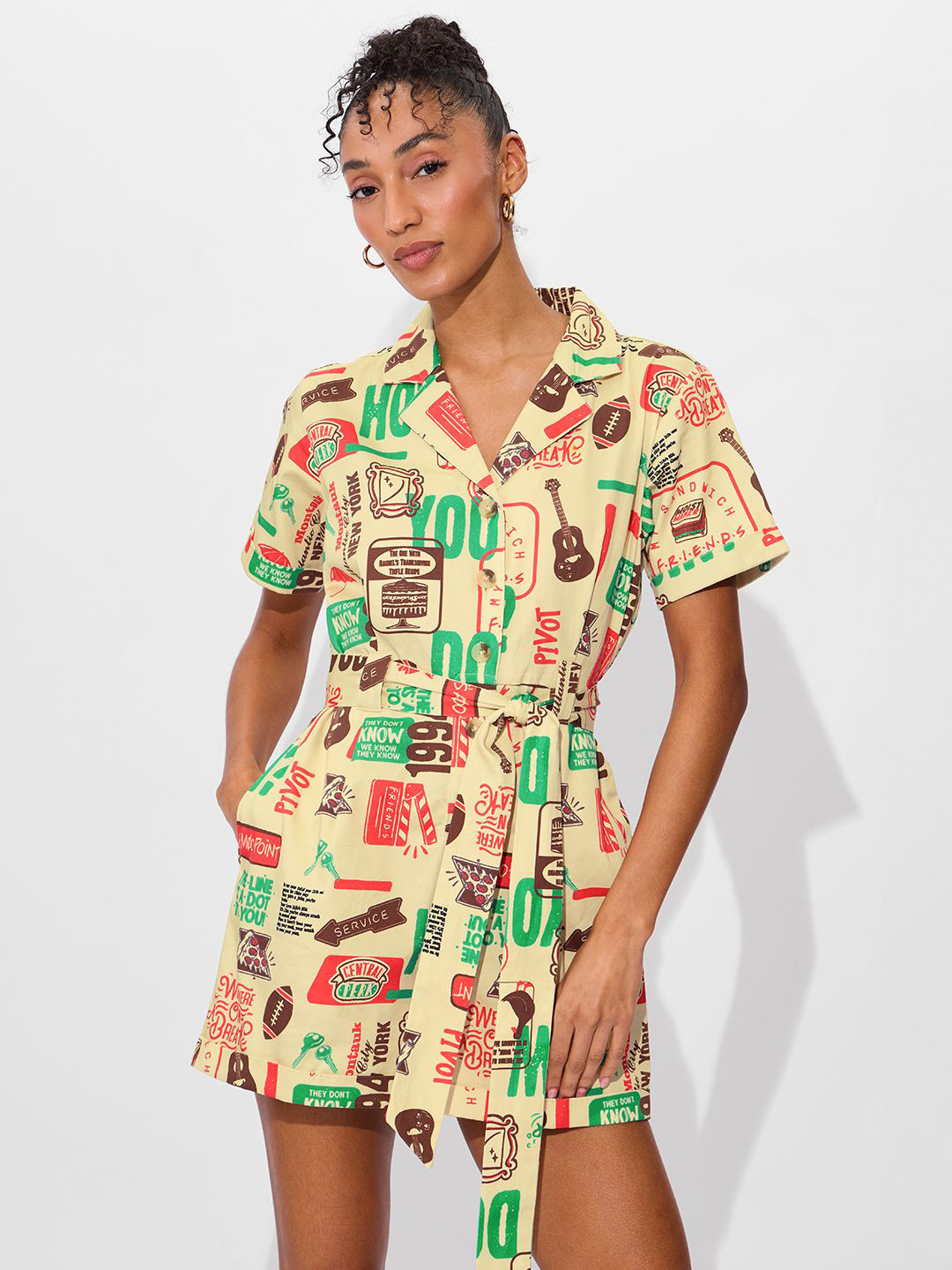 

The Souled Store Women Printed Shirt Collar Jumpsuit, Yellow