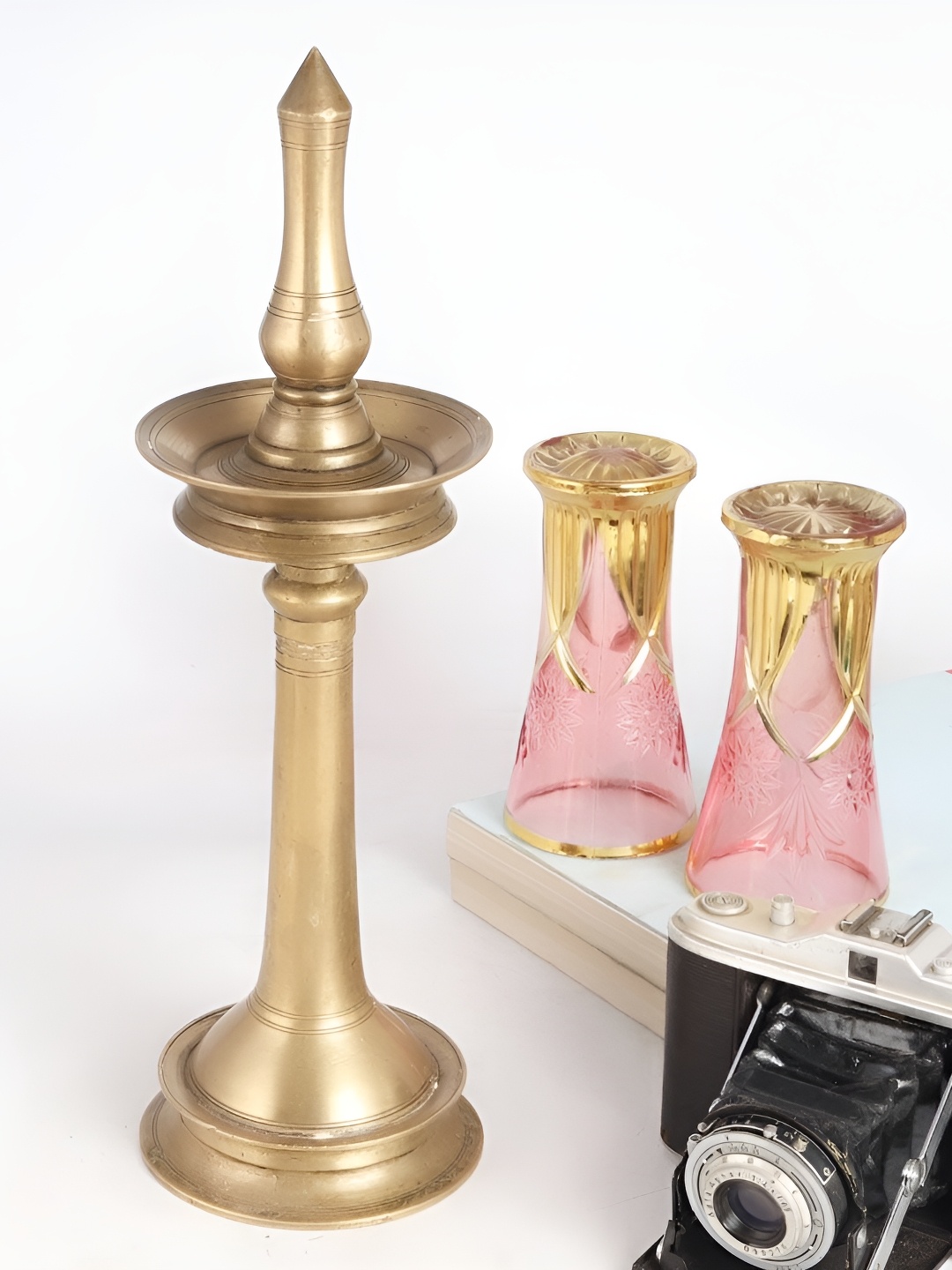 

Indianshelf Gold-Toned Textured Brass Diya Pooja Essentials