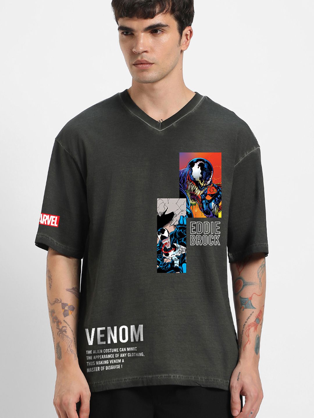 

Bewakoof Men Graphic Printed V-Neck Pure Cotton Oversized T-shirt, Grey
