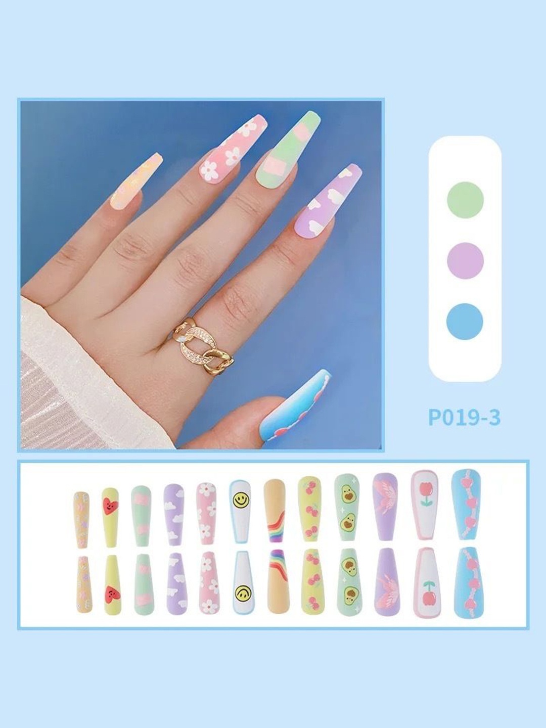 

Coslifestore 24-Pcs Acrylic Gel Artificial Press-On Nails - Quirky Cherry Avocado, Multi