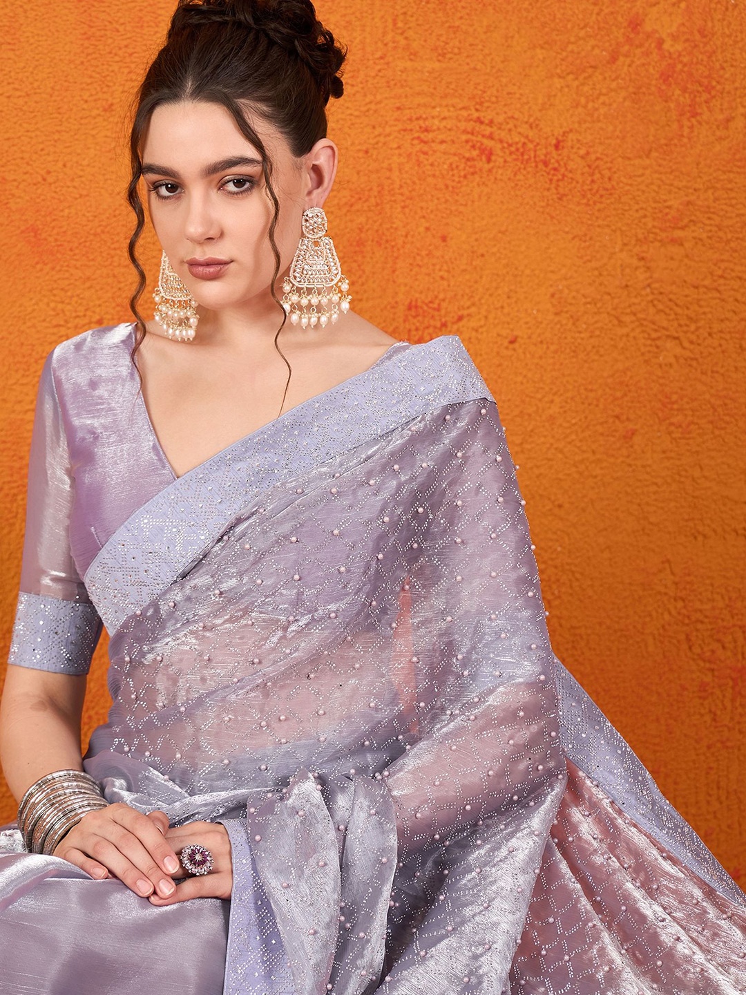 

Sangria Embellished Beads and Stones Saree, Purple