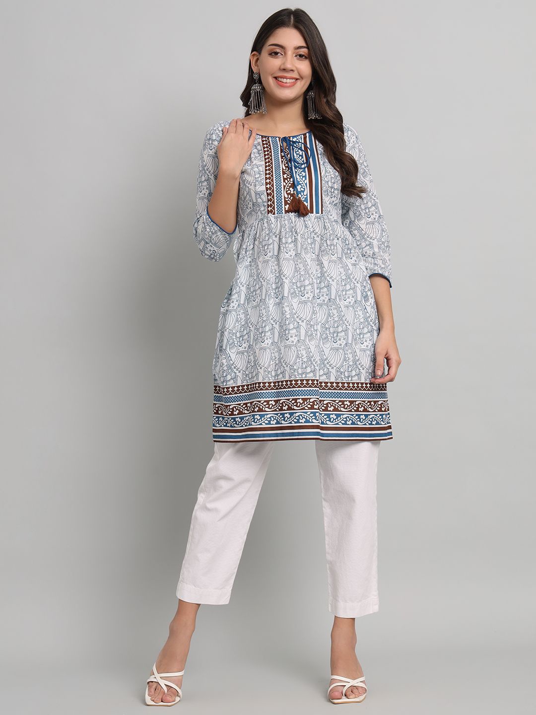 

Anouk Ethnic Motifs Printed Pure Cotton Empire Short Kurti, White