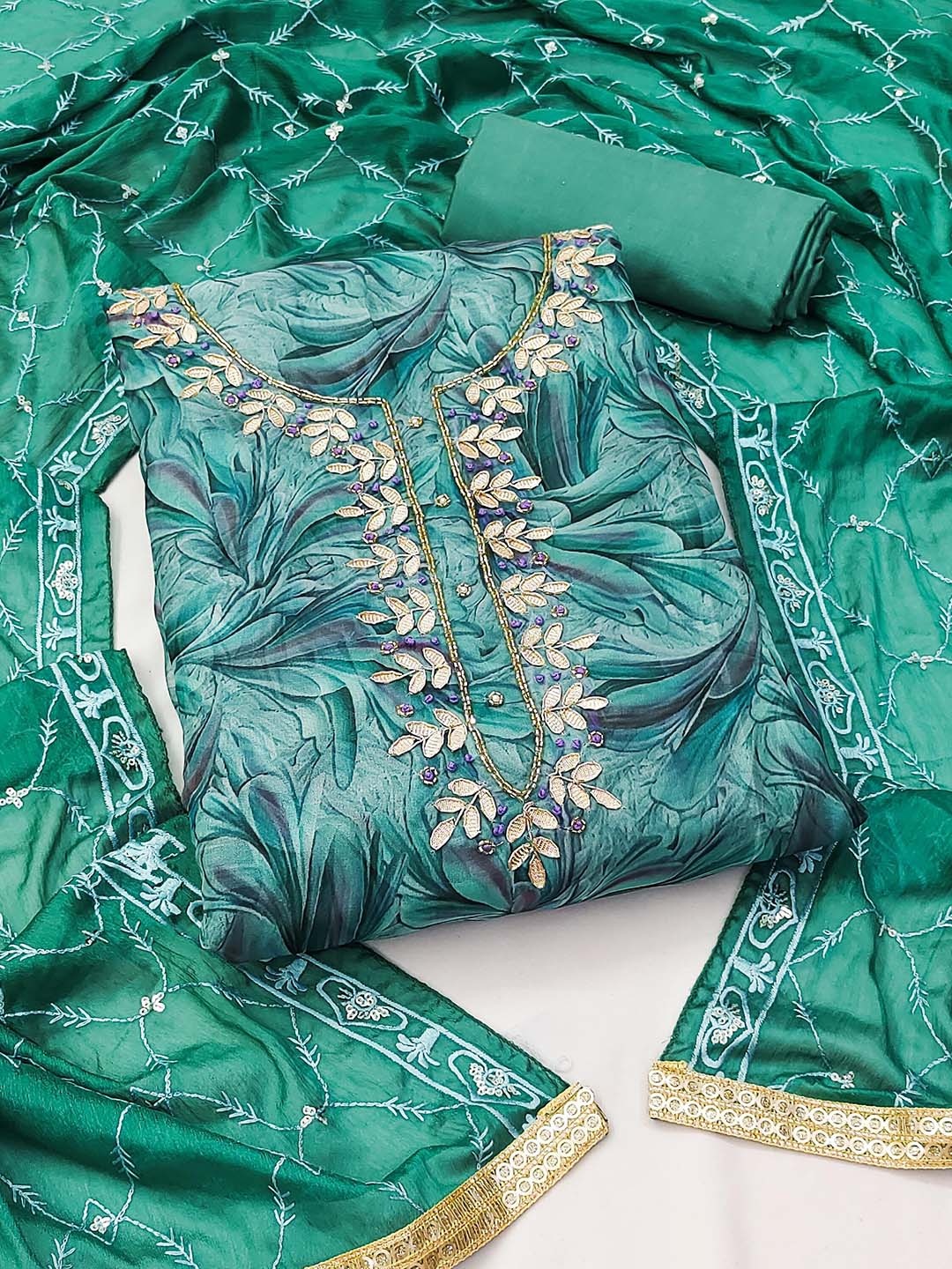 

Ishin Floral Printed Beads and Stones Organza Unstitched Dress Material, Sea green