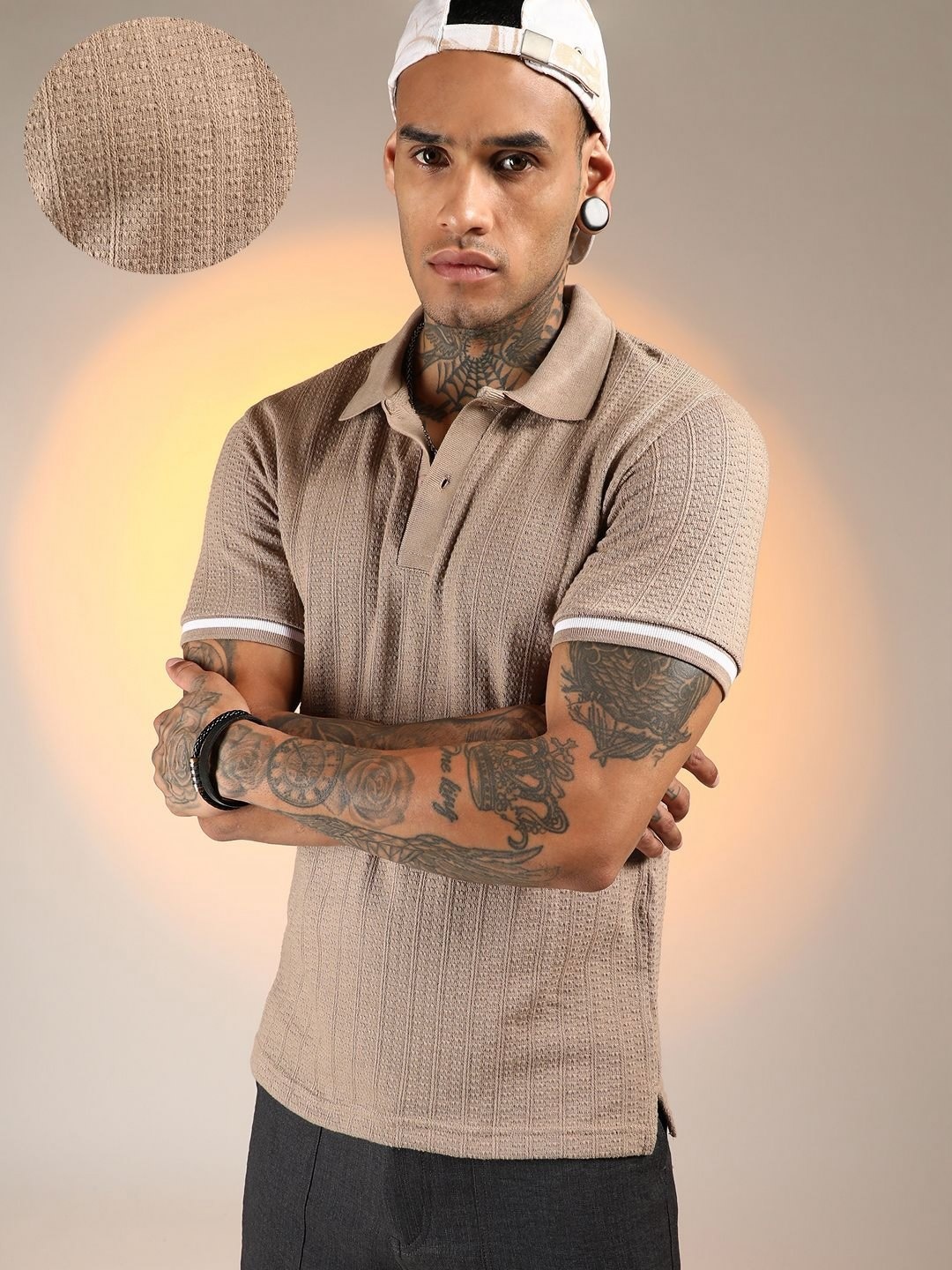 

Campus Sutra Men Self Design Polo Collar Cotton T-shirt, Beige