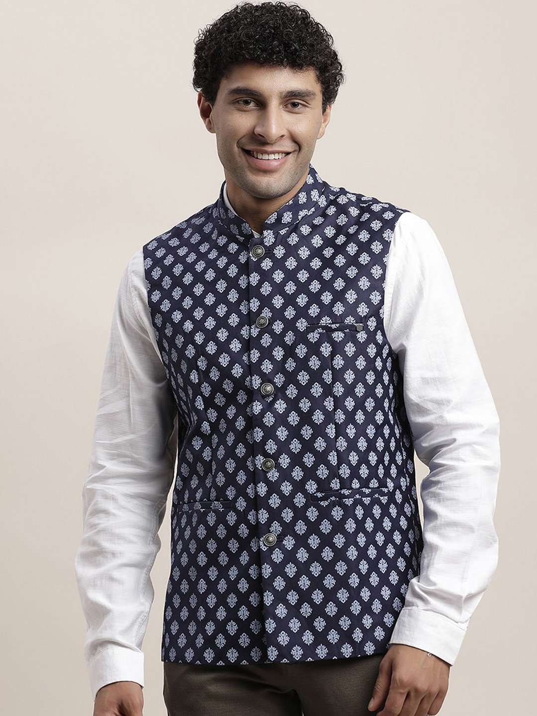 

Turtle Men Printed Ethnic Nehru Jacket, Blue