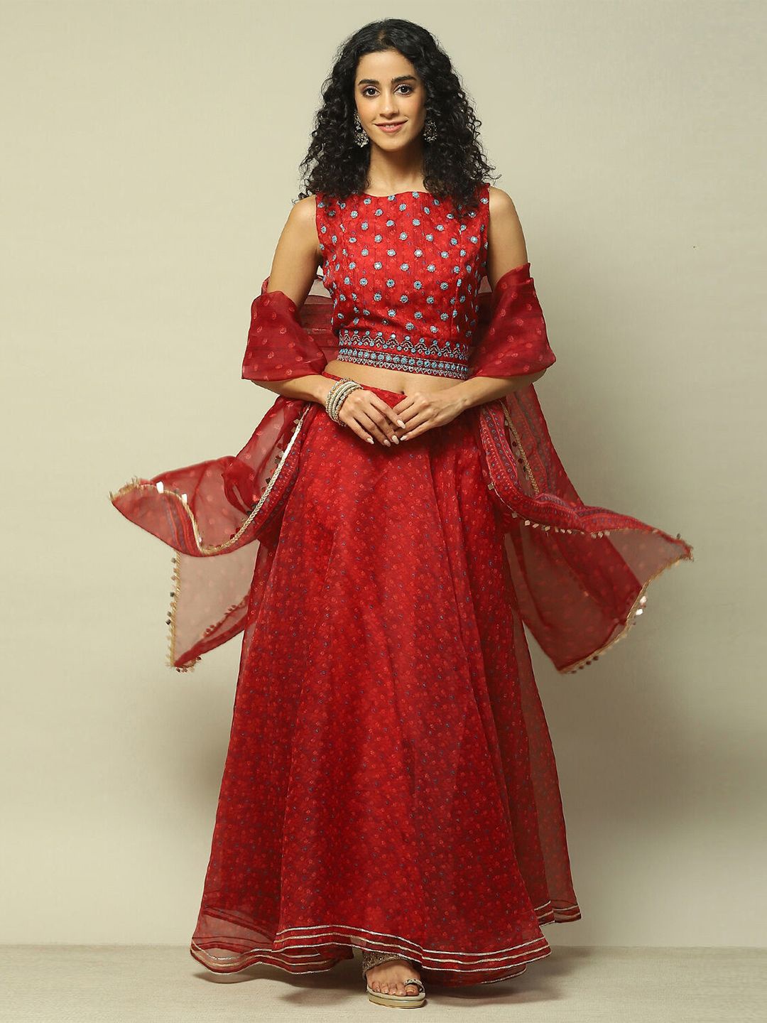 

Rangriti Embroidered Mirror Work Ready to Wear Lehenga & Blouse With Dupatta, Red