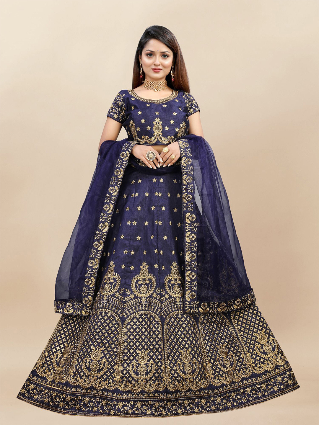 

JULEE Embroidered Beads And Stones Semi Stitched Lehenga & Unstitched Blouse With Dupatta, Blue