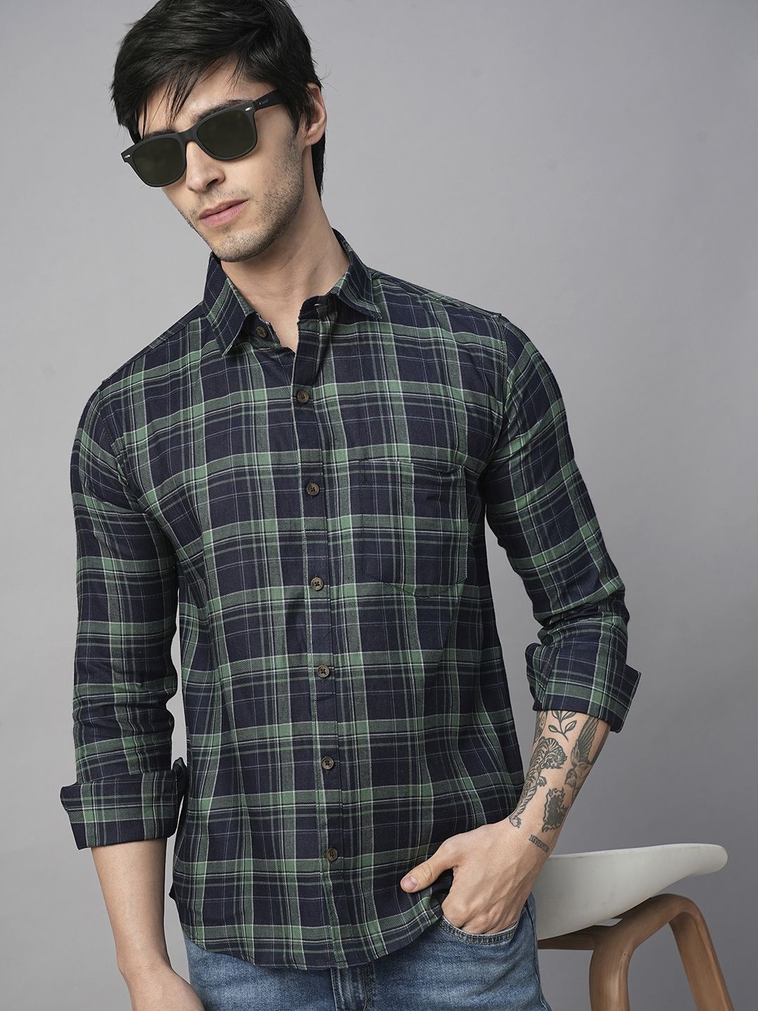 

TRYBUY.IN Men Standard Spread Collar Buffalo Checked Cotton Casual Shirt, Navy blue