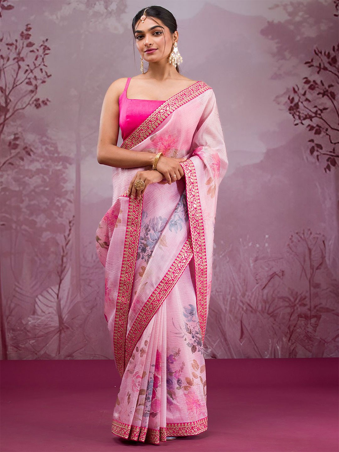 

Koskii Floral Printed Pure Georgette Embellished Saree, Pink