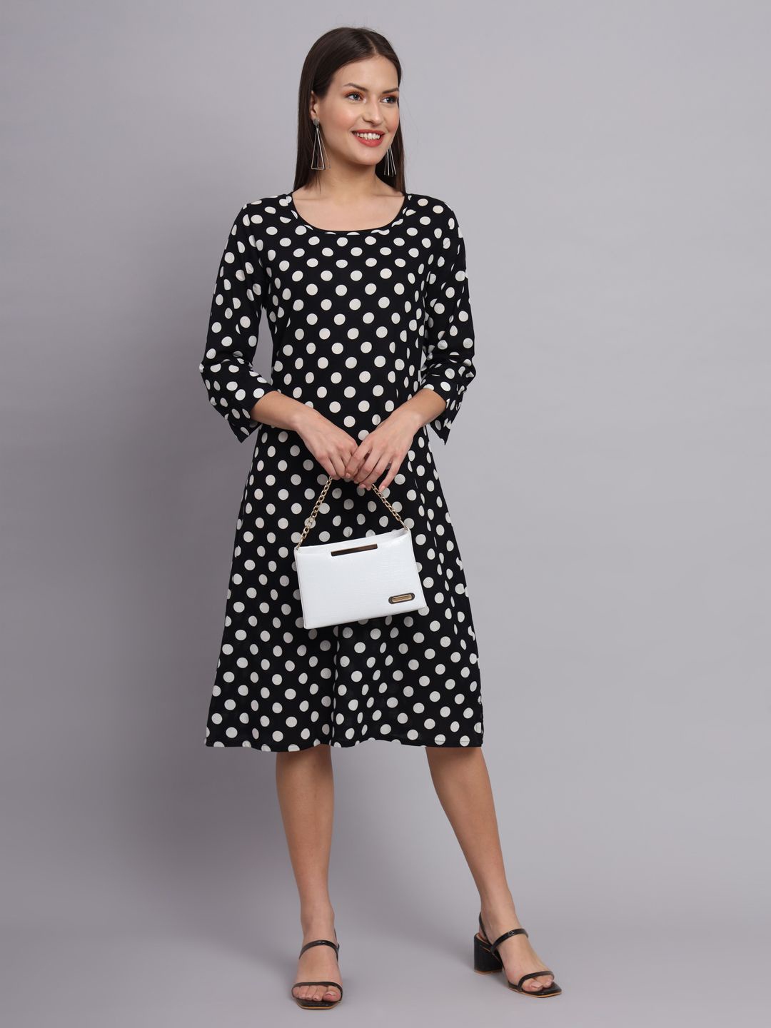 

KALINI Polka Dot Printed A-Line Midi Dress, Black