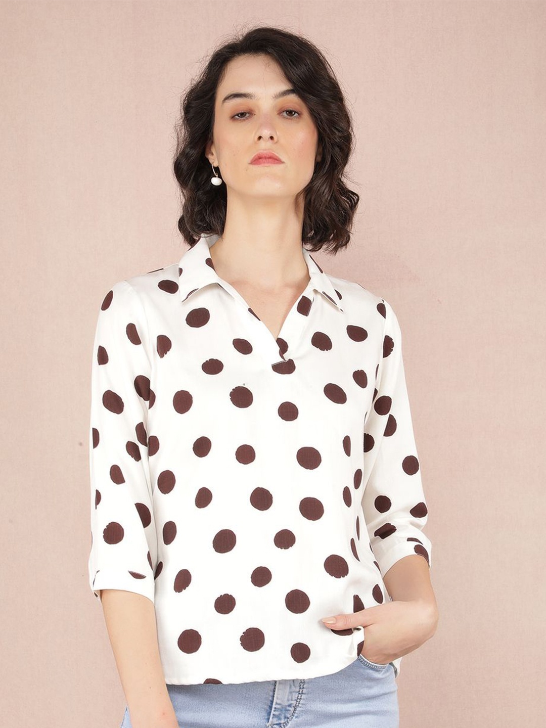 

Crimsoune Club Women Polka Dots Printed Shirt Collar Lyocell Top, White