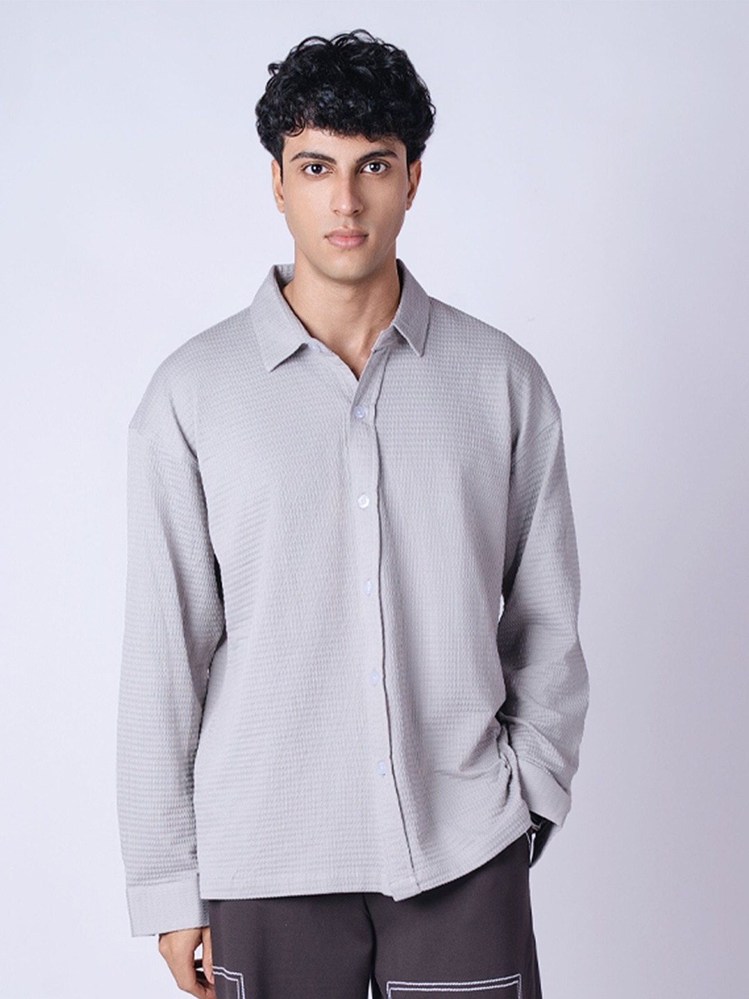 

HOP HEAD Unisex Spread Collar Textured Relaxed Fit Casual Shirt, Grey